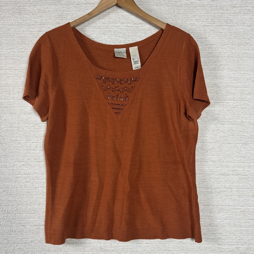 Emma James Silk Blend Knit Top Burnt Orange Open Knit Neck Short Sleeve L